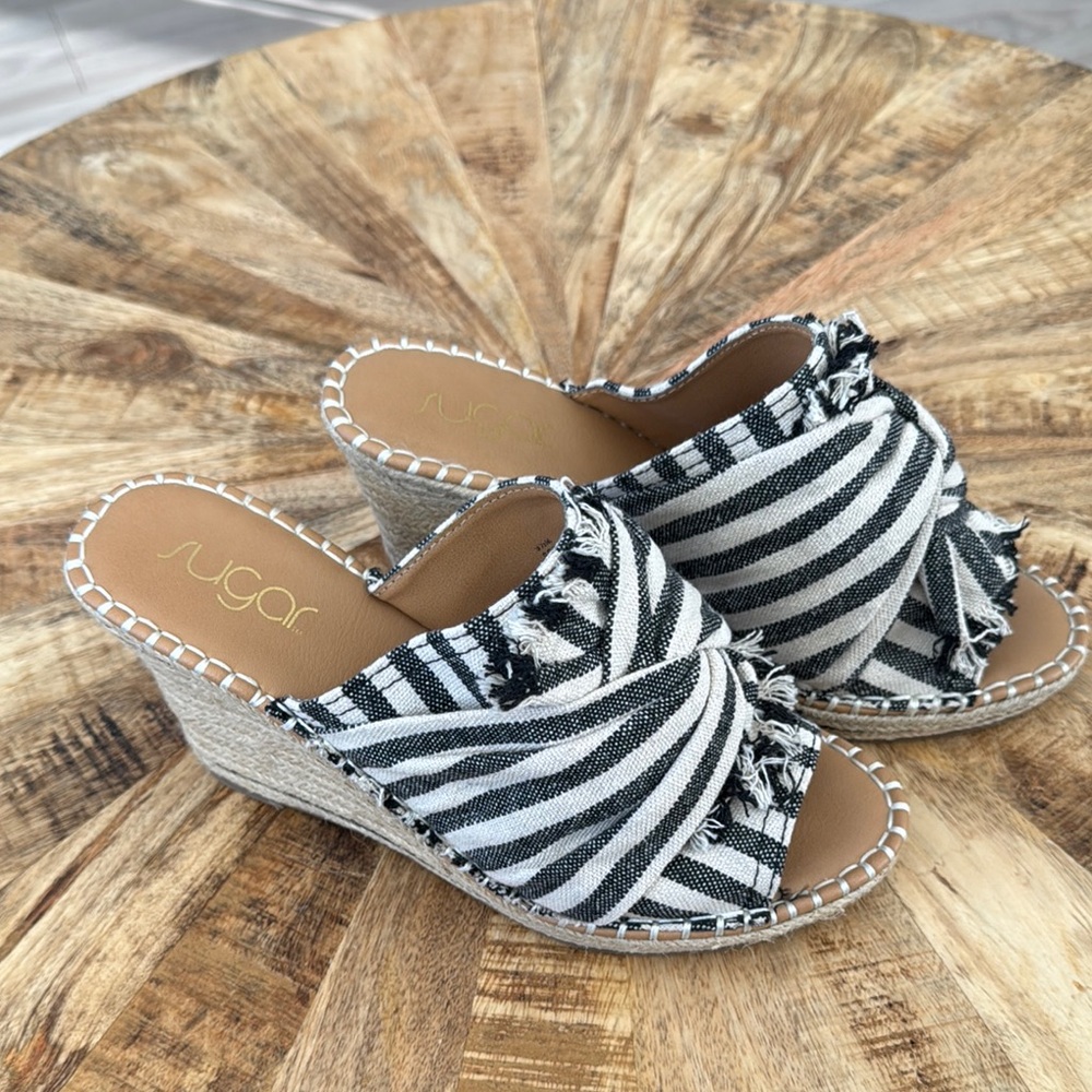 Sugar Black and Cream Wedge Sandals with Bow Detail